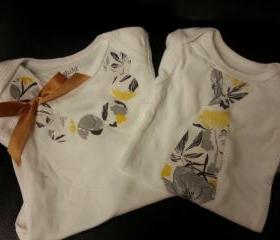 His and her onesie set/little guy tie for him/faux pearls with bow for her/heat bonded onesies/twin set