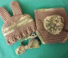 Boy Bunny crochet diaper cover set with bowtie/photo prop