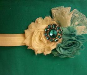 Teal and ivory with turquoise gemstone button with lace accent