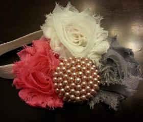 Mauve, grey and ivory with pearl button and elastic band